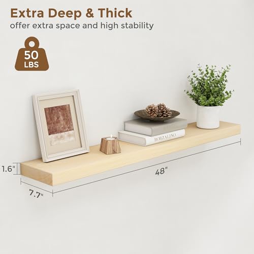 Image of Marsmiles 48 Inch Floating Shelf | Unfinished Natural Wood Floating Shelves for Wall | 48 inch W x 7.7 inch D x 1.6 inch H Natural Wooden Shelves for Living Room Bathroom Kitchen