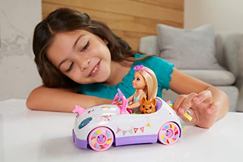 Barbie Club Chelsea Doll (6-Inch Blonde) with Open-Top Rainbow Unicorn-Themed Car, Pet Puppy, Sticker Sheet… - Image 3