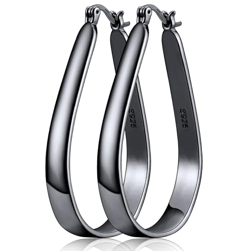 DORANA 925 Sterling Silver Hoop Earrings for Women Large Oval Hoops Earrings Lightweight Big Earrings Teardrop Hoops Black Large Oval Hoop Earrings