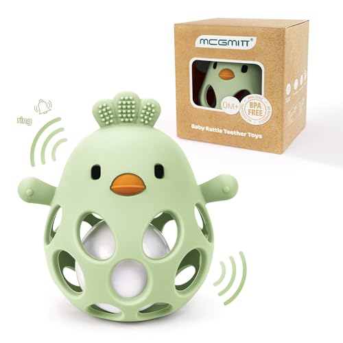 MCGMITT Anneau de dentition en silicone avec hochet – Balle souple et flexible en forme de poussin sans BPA facile à tenir jouet Montessori conçu pour soulager la dentition adapté aux bébés – Vert