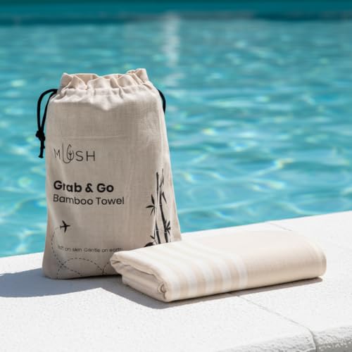 Image of Mush Grab & Go Bamboo Travel Towel | 100% Bamboo Bath Towel for Beach, Hiking & Gym Towel for Men Workout | Compact Towels with Travel Bag | 60x120 cms, 250GSM Quick Dry & Featherlight | Beige