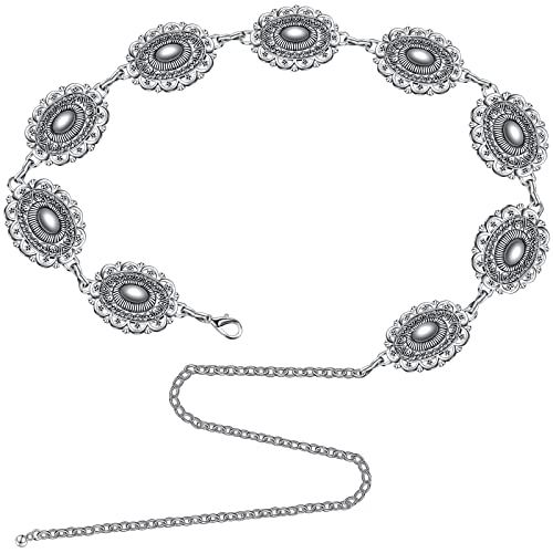 Western Metal Oval Concho Chain Belt Silver Western Country Belts For Women Adjustable Women's Belts For Jeans Or Dresses (Sweet Style) #TOP9