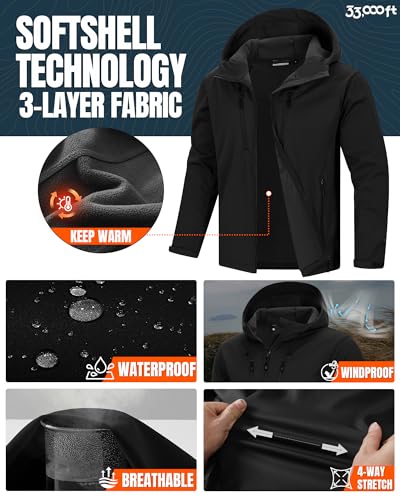 33,000ft Men's Waterproof Softshell Jackets Lightweight Fleece-Lined Running Jacket Breathable Windbreaker Casual Functional Coat with Hood for Cycling, Hiking,Golf - Image 4