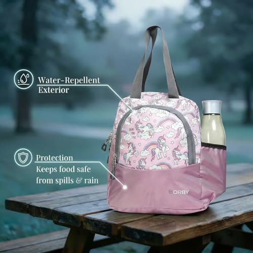 Image of ORBY Lunch Bag Unicorn Lavender | Water-Repellent Durable Fabric | Tiffin Bag with Bottle Holder & Front Pocket | Strong Zipper & Spacious Meal Storage (Unicorn Pattern, Lavender)