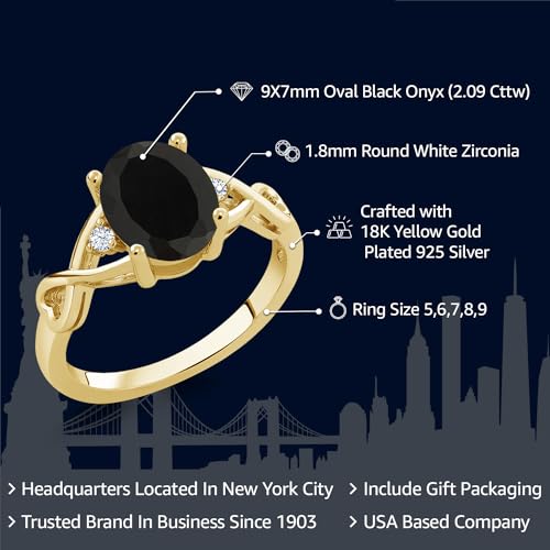 Gem Stone King 18K Yellow Gold Plated Silver Black Onyx Ring For Women | 2.09 Cttw | Oval 9X7MM | Gemstone Birthstone | Available in size 5, 6, 7, 8, 92
