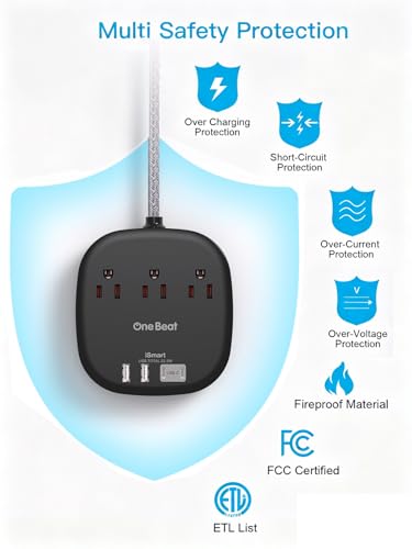 Image of 10 Ft Long Extension Cord, Cruise Ship Travel Essentials, 22.5W /4.5A Flat Plug Power Strip with 3 Outlets 4 USB Ports (2 USB C), 10ft Black Power Strip No Surge Protection, Desktop Charging Station