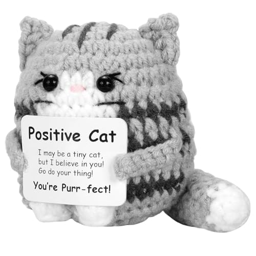 iewrtcin Positive Katze Geschenke Gestrickte Katze Positive Geschenke Positive Katze Gehäkelt Gehäkelte Kuscheltiere Katzen Handgemachte Häkel Puppe Emotionaler Support-Geschenk Glücksbringer (Grau)