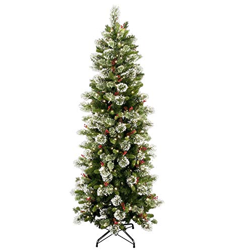National Tree Company Pre-lit Artificial Christmas Tree | Includes Pre-strung White Lights and Stand | Flocked with Cones, Red Berries and Snowflakes | Wintry Pine Slim - 7.5 ft