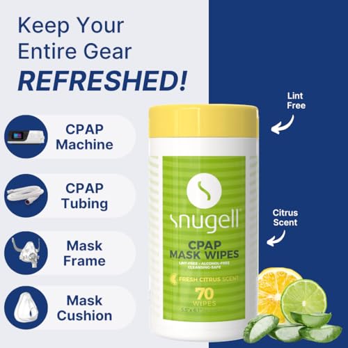 Image of Snugell Fresh Citrus-Scented CPAP Mask Wipes - (2 Canisters,70 Wipes Each) - 100% Soft Cotton - Skin-Safe with Aloe Vera - Lint & Alcohol Free - Easy-Opening Design for Convenient CPAP Cleaning