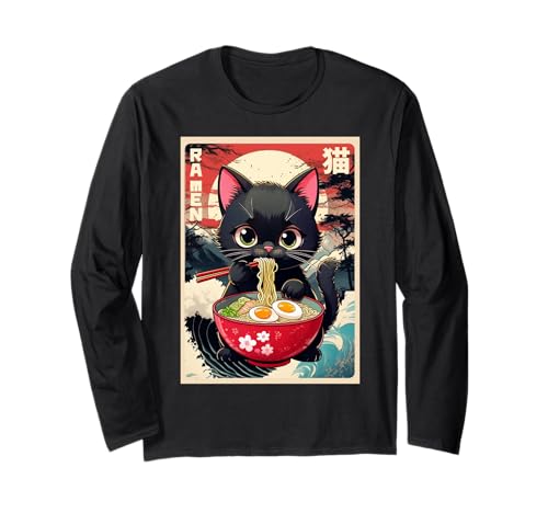 Divertidas camisetas gráficas japonesas con diseño de gato ramen, regalos de anime Kawaii Manga Larga