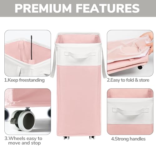 Image of Goodpick Laundry Basket with Wheels 2-Pack, 75L Tall Clothes Hamper, Large Laundry Basket with Removable Wash Bag for Corner Dorm, Rolling Hamper, Pink&White