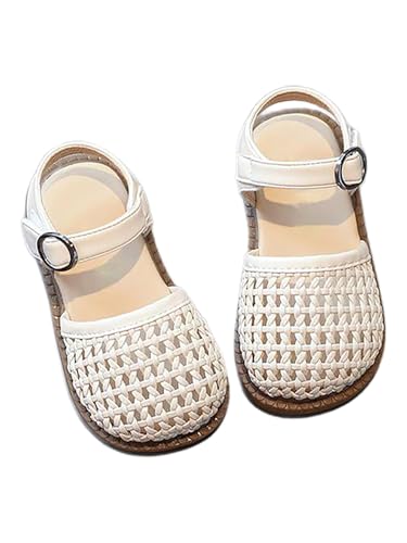 Verdusa Girl's Closed Toe Braided Sandals Summer Vacation Ankle Strap Bowknot Flat Sandals White and Beige 1.5