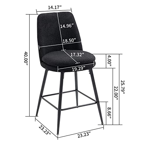 Dragon Gate 26'' Counter Height Bar Stools Set Of 2, Modern Black Teddy Upholstered Counter Stools With Seat Cushion & Metal Legs For Kitchen Island, Home Bar #TOP2