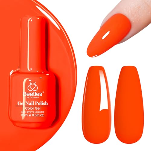 Image of Beetles Neon Orange Gel Polish - Sunset Summer Gel Nail Polish, Bright Vibrant Color Soak Off UV High Glossy Nail DIY Drawing at Salon Home Nail Art 15ml | Bright neon orange gel color for sunset nails, drawing, and salon-style DIY manicures; soak off after UV /LED curing.