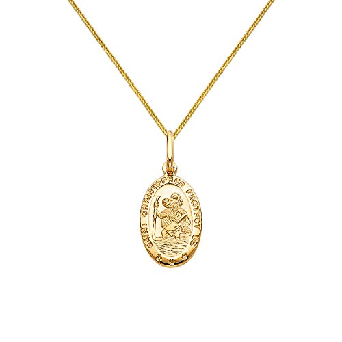 Precious Stars 14K Yellow Gold Saint Christopher Oval Medal Pendant With 0.80-Mm Square Wheat Chain #TOP14