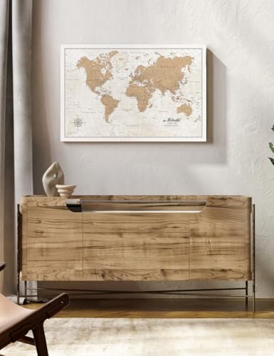 Image of IPIC - Vintage World Map Canvas Wall Art, Oversize Travel Map Print for Home, Office, or Study, Push Pin Wall Decor for Travel Lovers, Ready to Hang