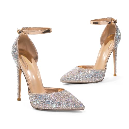 Image of Elisabet Tang 4 Inch Stiletto with Ankle Strap D'Orsay Pumps | Features sparkly rhinestone, pointed toe,secure ankle strap design, perfect for prom, wedding, party