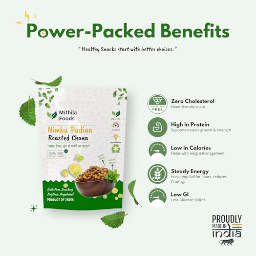 Image of MITHILA FOODS 250g Nimbu Pudina Roasted Chana | Desi Chickpeas | Whole with Skin | Crunchy Vegan Gluten-Free High Protein SMART Snack | Authentic Bihari Bhuna Chana Snacks Tangy Lemon Mint Flavor