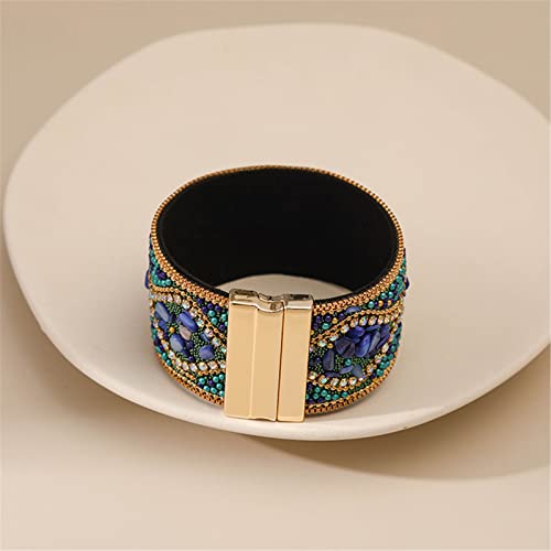 Handmade Bohemian Natural Stone Rhinestone Bead Bracelet Bangle For Women Teen Girl Boho Wrap Faux Leather Gravel Seed Wristband Bracelet Ethnic Summer Beach Jewelery-A Blue #TOP3