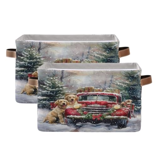 Image of Christmas Truck Golden Retriever Storage Basket Fabric Kitchen Baskets Winter Car Dogs Xmas Tree Open Home Storage Bins Boxes Foldable Organizer Bag for Book Shelf Closet Baskets 16x12x8 Inches 2 Pack