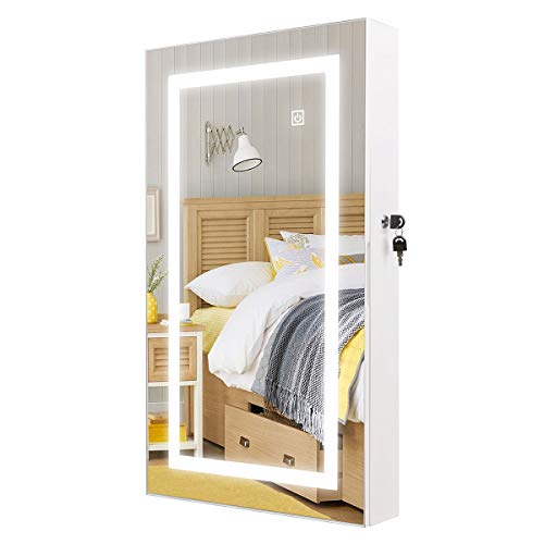 HollyHOME Lockable Jewelry Cabinet Armoire Wall Mount Touch Screen LED Light Mirrored Jewelry Cabinet Storage Organizer White HollyHOME Lockable Jewelry Cabinet Armoire Wall Mount Touch Screen LED Light Mirrored Jewelry Cabinet Storage Organizer White