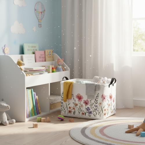 Image of Rectangular Kids Basket Baby Girl Basket Fabric Storage Bin Organizer Box Room Decor(Flowers)