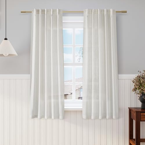Image of Cream Semi Sheer Linen Curtains 63 inch Length for Living Room Back Tab Rod Pocket Modern Farmhouse Coastal Decor Cream Cotton Textured Gauze Curtains for Dining Room Office 38x63