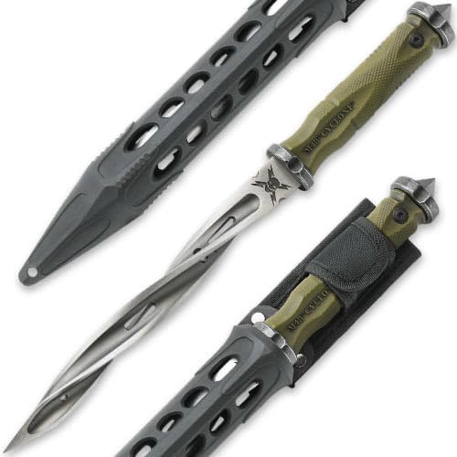 United Cutlery M48 Battle Scarred Series Desert Olive Drab Cyclone Knife | Unique Twisting Design | Stonewashed 8"" Blade | Reinforced Nylon Handle | Belt Sheath Included