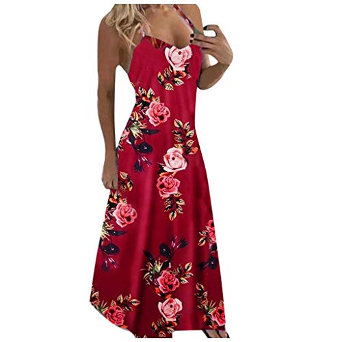 Women's Fashion V-Neck Floral Printed Loose Dress Sleeveless Elegant Maxi Dess Womens Casual Dresses Fall Wine #TOP5