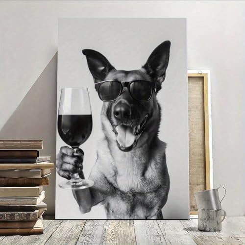 Toile murale au portrait de chien complice d'un verre à vin pour un intérieur cosy