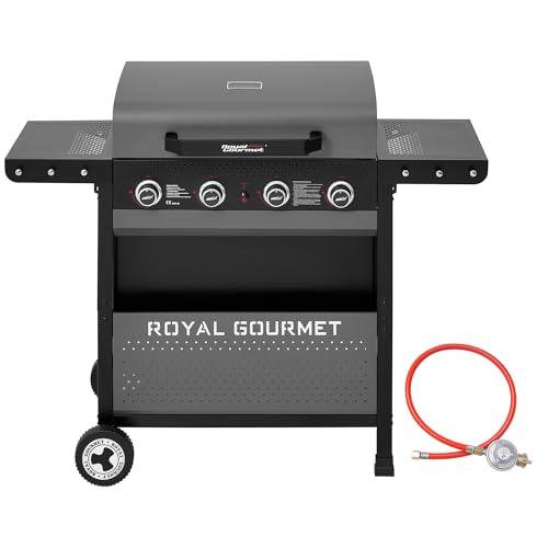 Royal Gourmet 4-Brenner Gasgrill 10 kW Grillwagen mit klappbaren Seitenablagen, Ablagekorb, Outdoor Gasgrill für Balkon, Terrasse, Garten und Camping