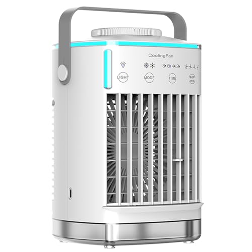 Enfriador de aire, aire acondicionado portátil, mini ventilador de aire acondicionado con tanque de agua de 700 ml, ventilador de refrigeración de aire humidificador, luz nocturna y temporizador