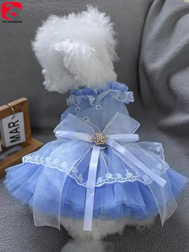 Image of HDKUW Small Dog Dress, Girl Puppy Lace Princess Skirt Tutu Dress with Bowknot,Chihuahua Yorkie Clothes Outfit for Birthday Wedding Party Blue Daisy XS