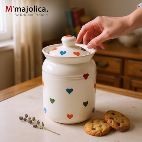 Image of Multi Heart Printed Ceramic Handglazed Pickle Jars Set of 1-1000 ML Each | 1 kg Achaar Martban Barni Jar with Lid | Ceramic Storage Jar Container Pickle, Chatney