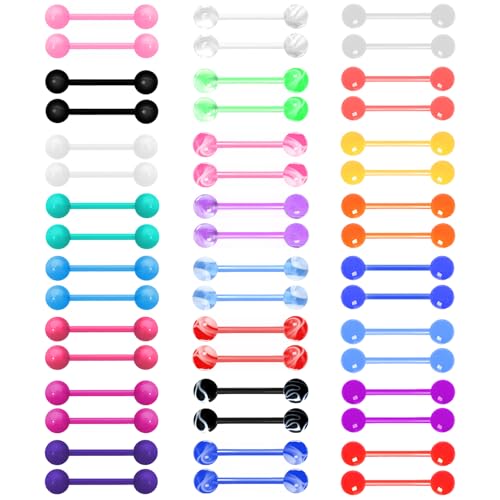FIRSAUKI 48Pcs 14G Glow in Dark Flexible Acrylic Straight Tongue Barbell Plastic Candy Color Tongue Piercing Jewelry for Women Men 16mm Bar