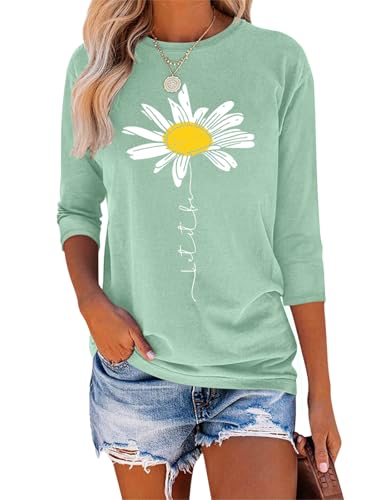 Tomwell T-Shirt Damen 3/4 Arm Shirt Rundhals Grafik Druck Tshirt Sommer Leichte Pullover Oberteile A Grün S