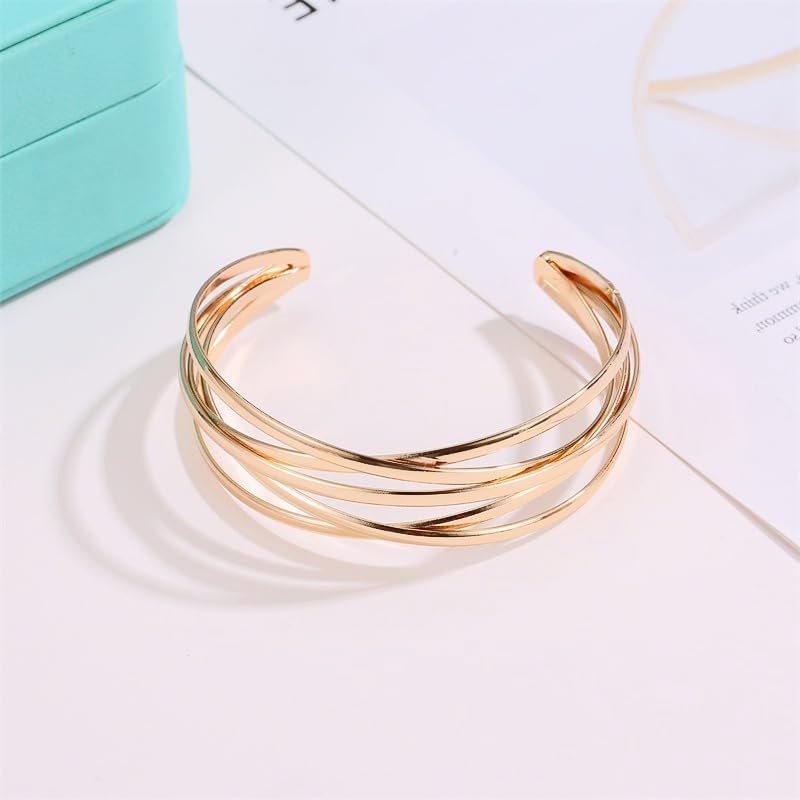 Chunky Gold Cuff Bracelet for Women, Multi-layer Cross Wire Open Hollow Wide Cuff Adjustable Bangle Jewelry - Image 3