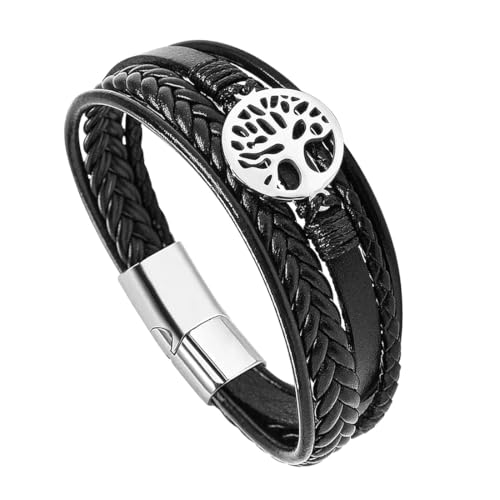 KEQAR Herren Lederarmband Edelstahl Baum Des Lebens Geflochtenes Kreuz Armbänder Für Männer (21 CM)