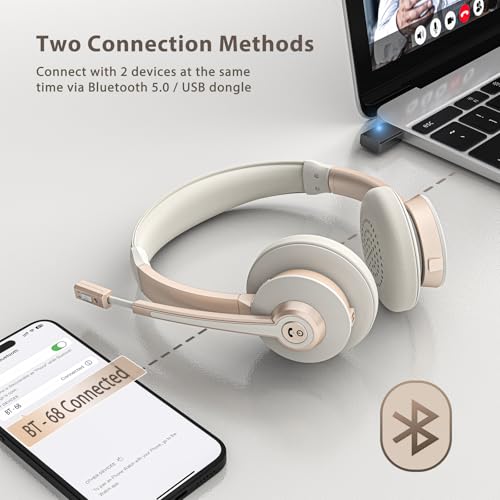 Image of Wireless Headset with Microphone, Bluetooth Headset with Mic AI Noise Canceling & USB Dongle, Wireless Headphones with Mic Mute & Charge Dock for Work PC Computer Phone Office Teams Call