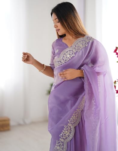 Image of SIRIL Women's Tissue Silk Sequence Embroidery Border Saree With Unstitched Blouse Piece