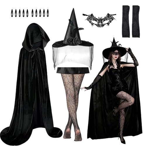 Ligtmor Halloween Kostüm Damen Hexe Set - Hexenkostüm Umhang mit Kapuze & Hexenhüt & Lange Handschuhe & Spitzenmaske & Armband Schwarz Hexen Umhang...