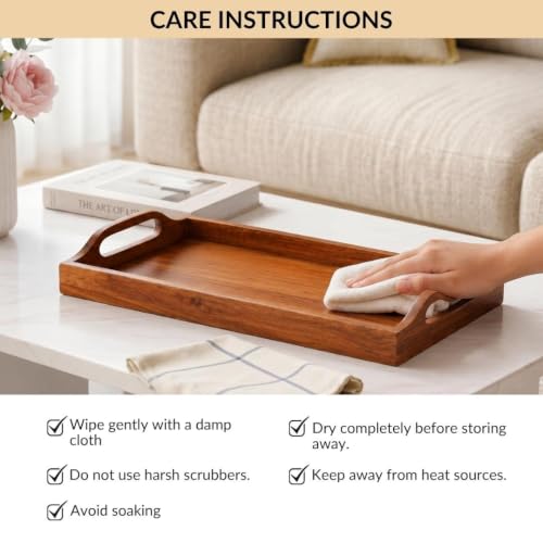 Image of Nestasia Wooden Serving Tray with Handles (36x20cm) - Acacia Wood Rectangular Brown Tray for Dining & Coffee Table | Platter for Serving Tea, Cakes, Snacks, Breakfast & Home Decor (Deep Brown)