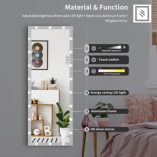 Full Length Mirror With Lights, 63" X 24" Led Lighted Vanity Mirror Full Body Mirror With Lights Free Standing Bedroom Floor Mirror With 22 Bulbs Wall Mirror Long&Tall (Silver) #TOP3