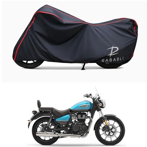 Image of Waterproof Bike Body Cover Compatible for | Royal Enfie Meteor 350 Supernova | Taffeta Fabric, Red Piping Design, Bottom Elastic Fit | Dustproof, Sun UV & Rain Protection for All Bikes
