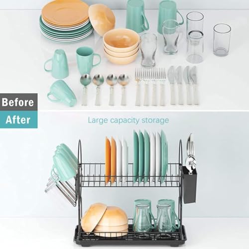 Image of JD FRESH 2 Tier Dish Drainer Rack for Kitchen /Space Saving Dish Stainer with Utensils Drying Rack /Plate Stand with Drain Tray & Glass Holder /Countertop Dish Drainer Kitchen Rack (Black)