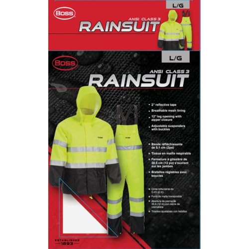 Image of Boss Unisex High Visability ANSI Class III Rain Suit Jacket and Bib with Color Block, High Visability, Water Resistant, and Reflective 3M Tape, Yellow, Black, Large (B44530-L)