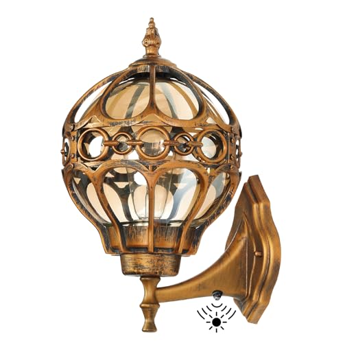 Outdoor Wall Light Fixtures with Dusk to Dawn Sensor, Gold Exterior Aluminum Waterproof Porch Lights, Globe Anti-Rust Outside Sconce Lantern Wall Mount with Amber Glass for Patio Garage Doorway