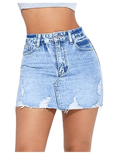 SweatyRocks Women's Casual Ripped Jean Skirt High Waist Raw Hem Mini Denim Skirts3