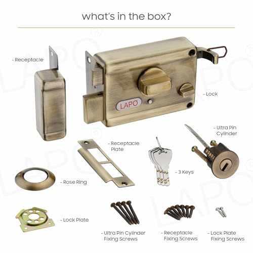 Image of LAPO Rim Lock, Dead Bolt Lock for Main & Safety Door, Twinbolt Ultra XL, Suitable for Single Wooden Door,3 Keys,Antique Finish,3 Years Warranty