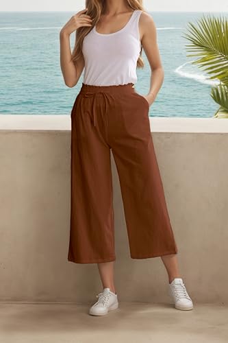 Image of LNX Womens Linen Capri Pants Wide Leg High Waisted Drawstring Casual Cropped Pants with Pockets